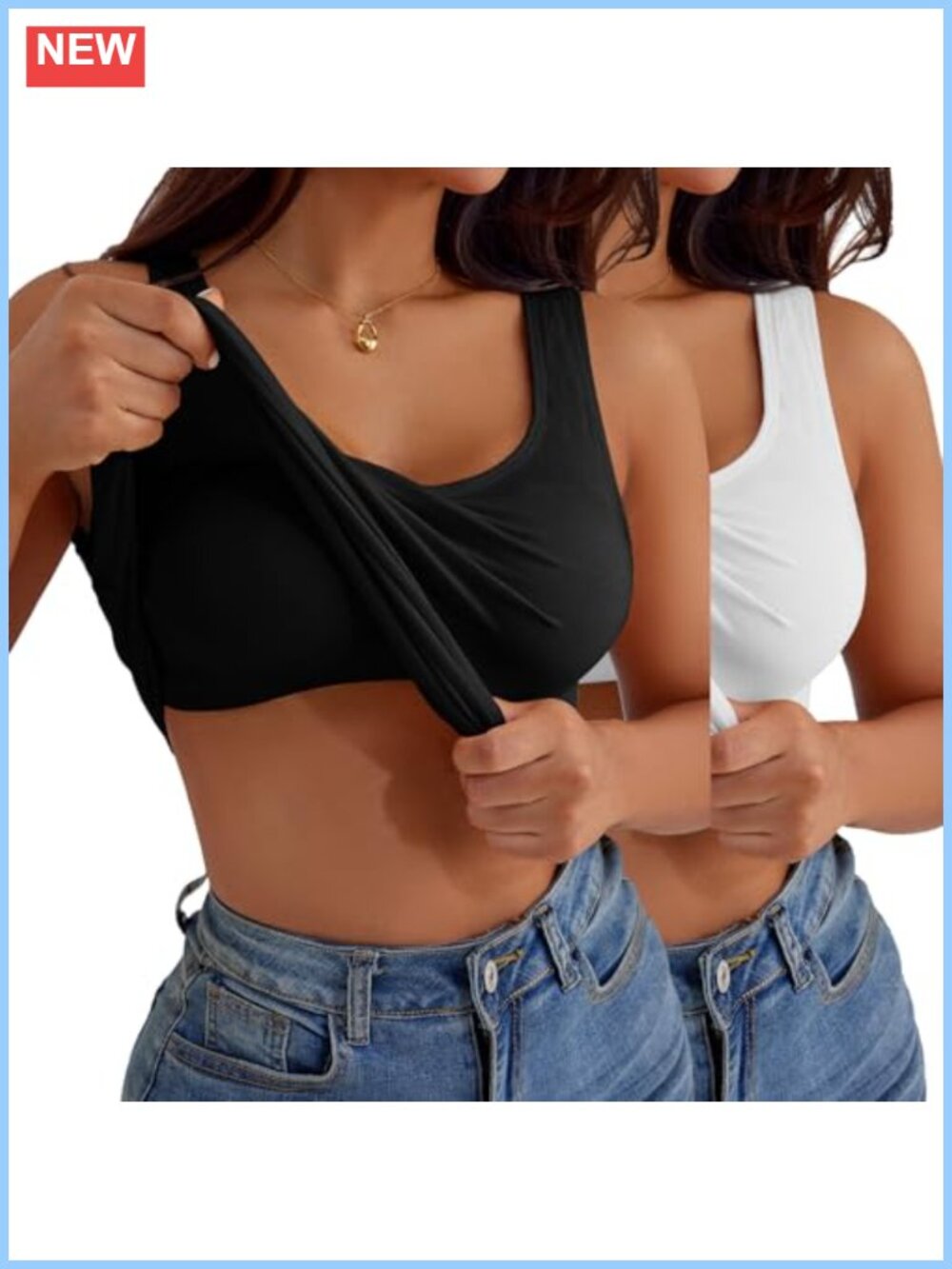 2 Pack Women's Built-in Bra Tank Tops Seamless Wide Strap Cami Tanks